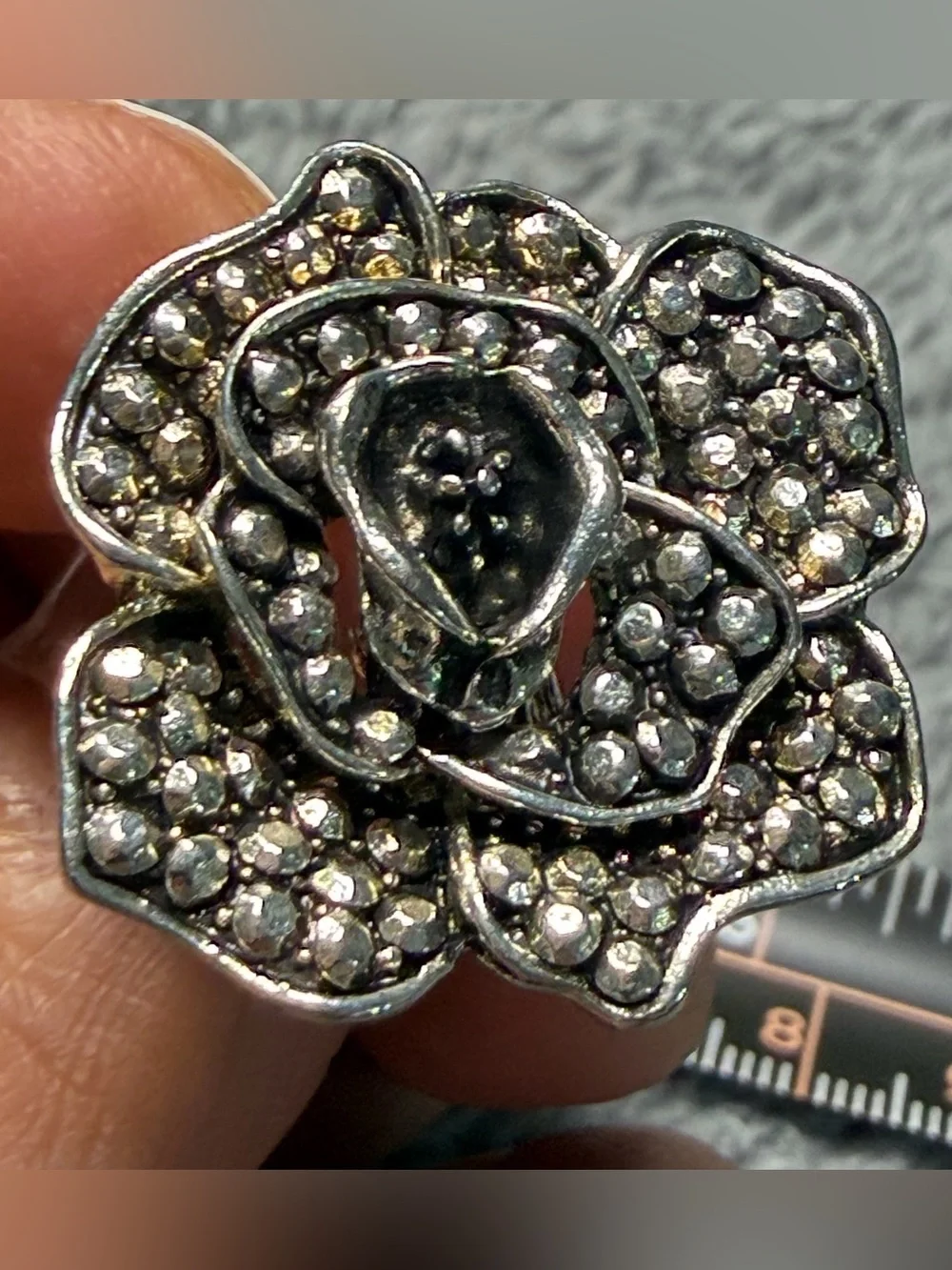Silver-Tone Pave Flower Statement Ring - Silver
